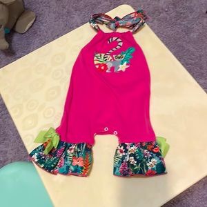 Ric rac & ruffles pink floral Lemur Romper halter 12 month